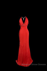 Vintage Mermaid Halter Satin Red Semi Formal Prom Gown Fairy Semi Formal Prom Dresses